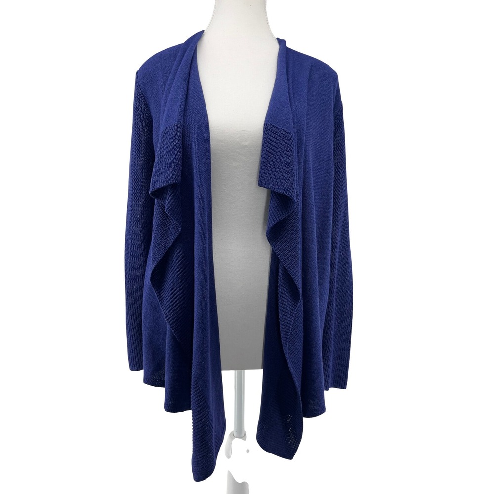 EILEEN‎ FISHER Petite Blue Waterfall Collar Knit Cardigan Sweater PS silk blend